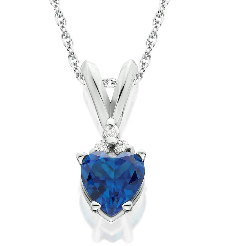 1/2Ct Diamond & Simulated Blue Sapphire Heart Pendant 14K White Gold 1