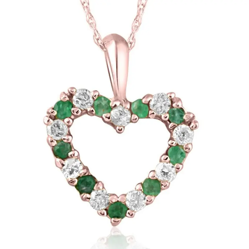 1/2Ct Emerald & Diamond Heart Pendant Solid 14K White, Yellow, Or Rose Gold 1/2" 1