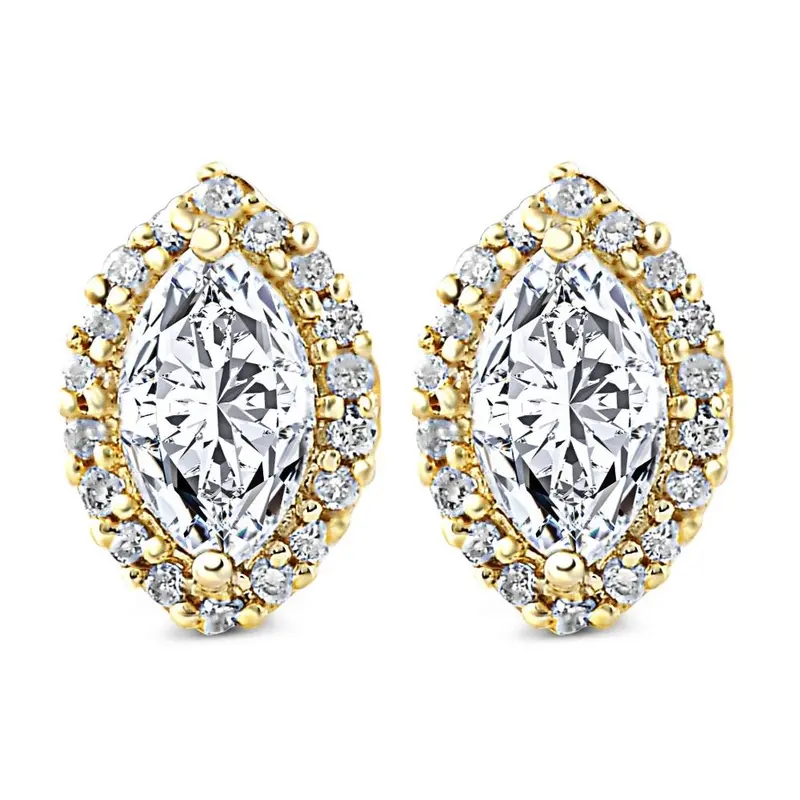 1/2Ct Marquise Halo Screw Back Diamond Studs White Or Yellow Gold Earrings 1