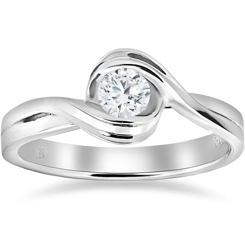 1/2Ct Natural Round Solitaire Diamond Half Bezel Engagement Ring 14K White Gold 1