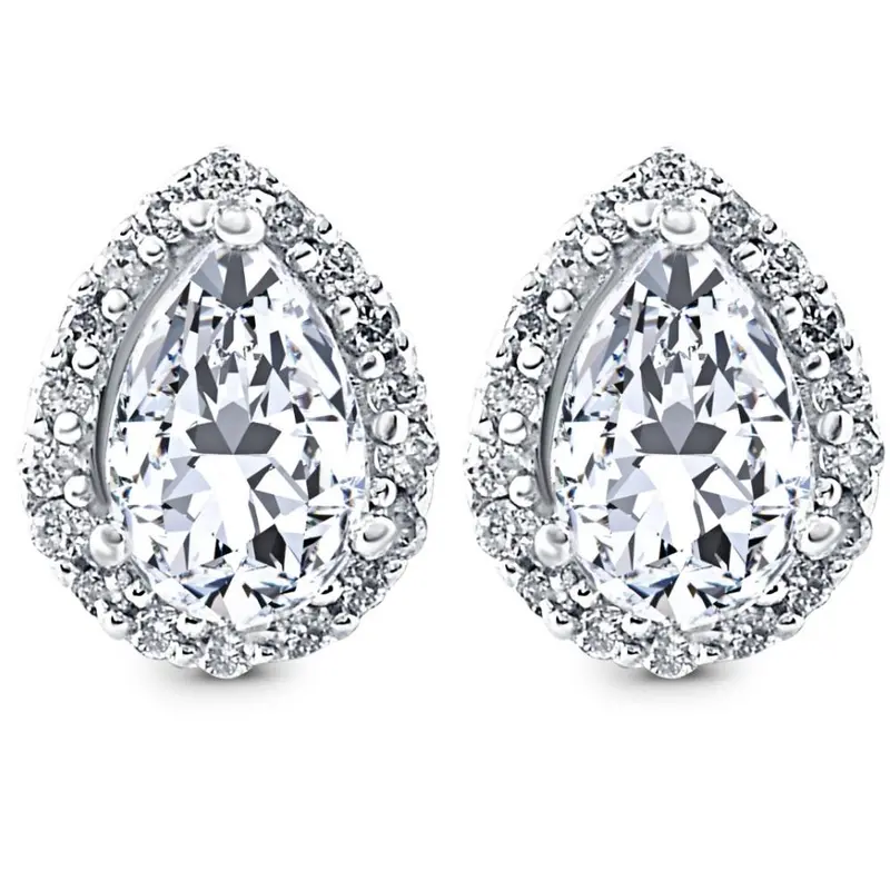 1/2Ct Pear Shape Halo Screw Back Diamond Studs White Or Yellow Gold Earrings 1