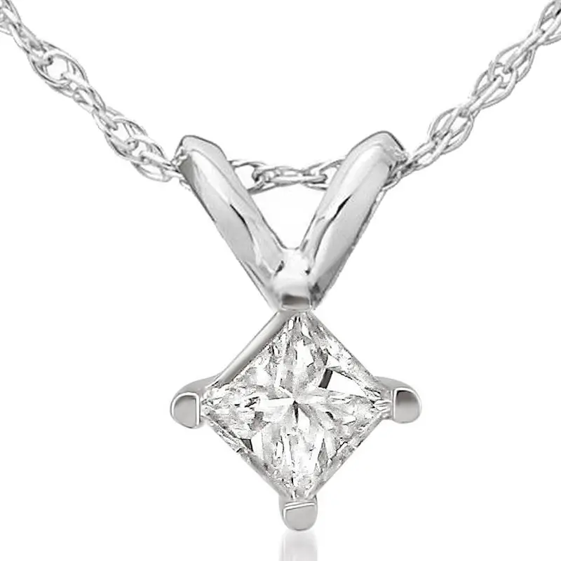 1/2Ct Princess Cut Real Diamond Solitaire Pendant Necklace 14K White Gold New 1