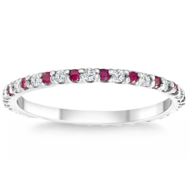 1/2Ct Ruby & Diamond Eternity Wedding Ring 14K White Gold Womens Band 1