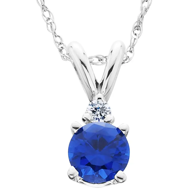 1/2Ct Synthetic Blue Sapphire & Natural Diamond Solitaire Pendant 14K White Gold 1