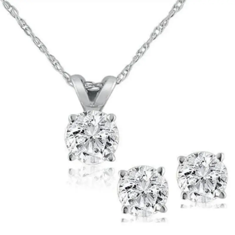 1/2Ct Tw Diamond Solitaire Necklace Studs Set 14K White Gold Lab Grown 1