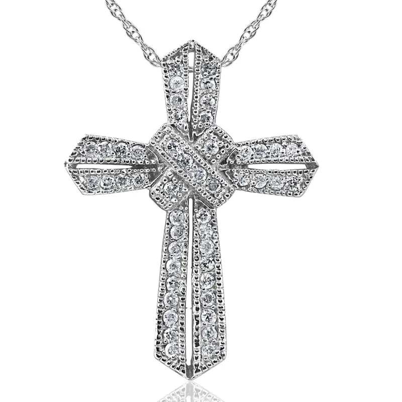 1/2Ct Vintage Pave Diamond Cross Pendant 14K White Gold 1