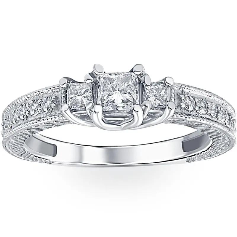 1/2Ct Vintage Three Stone Princess Cut Diamond Engagement Ring 14K White Gold Size Selectable 1