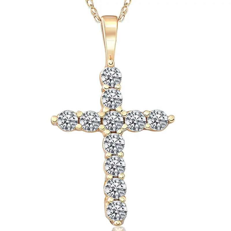 1/2Ct Yellow Gold Diamond Cross Pendant 14K Necklace 1