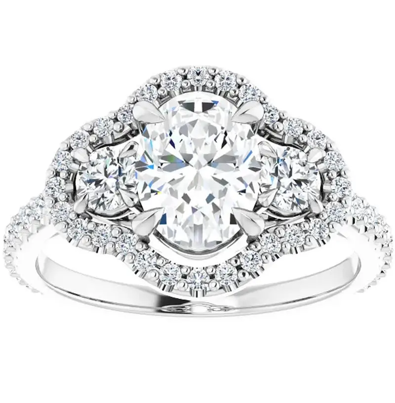 1 3/4 Ct Three Stone Halo Diamond & Oval Moissanite Engagement Ring White Gold 1