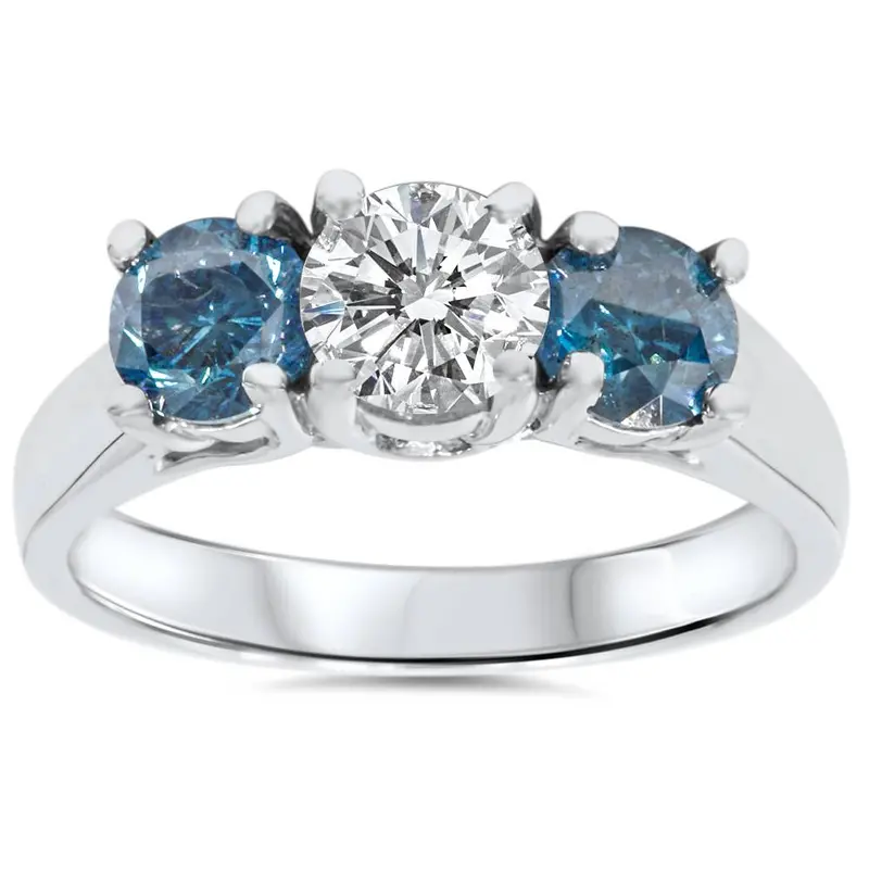 1 3/4Ct Blue & White Diamond Three Stone Engagement 14K White Gold Ring Size Selectable 1