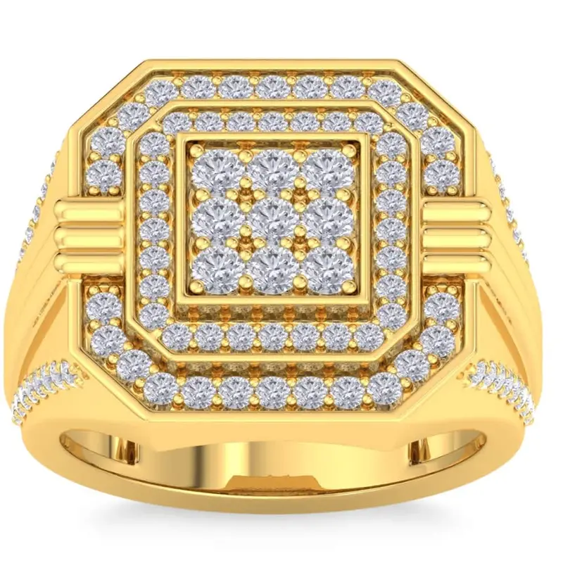 1 3/4Ct Men's Diamond Square Multi-Diamond Double Octagon Frame Ring Yellow Gold 1
