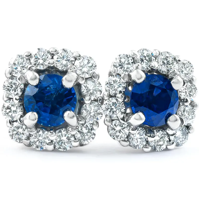 1 3/8 Ct Genuine Blue Sapphire & Diamond Cushion Halo Studs 14K White Gold 1