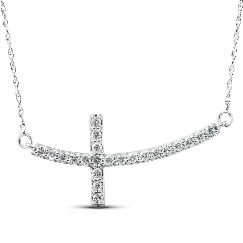 1/3 Ct Diamond Sideways Cross Pendant 14K White Gold & 18" Chain 1 1/4" Wide 1