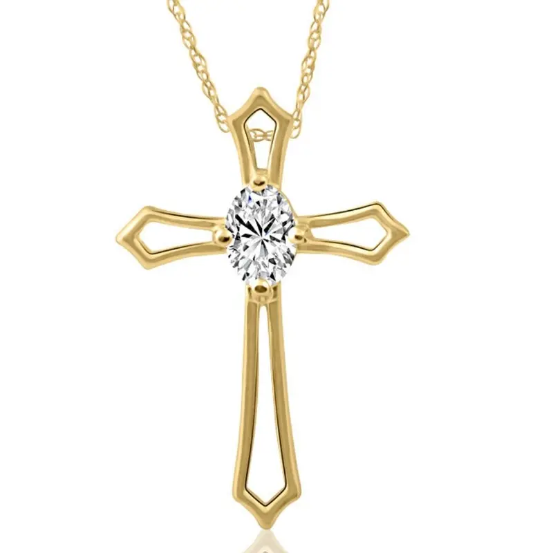 1/3 Ct Oval Diamond Cross Solitaire Pendant Yellow Gold Necklace (1' Tall) 1