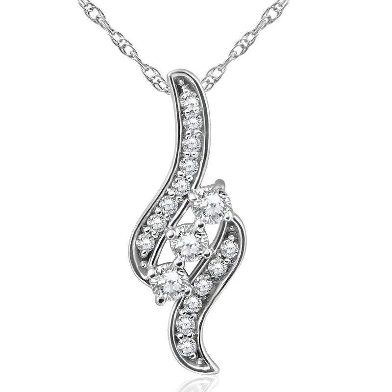 1/3Ct 3-Stone Diamond Pendant 14 Kt White Gold W/ 18" Chain 1