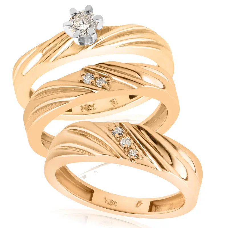 1/3Ct Diamond Engagement Trio Wedding Band Set 14K Yellow Gold Size Selectable 1