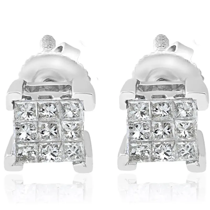 1/3Ct Diamond Princess Cut Screw Back Studs Womens Earrings 10K White Gold 5.5Mm 1