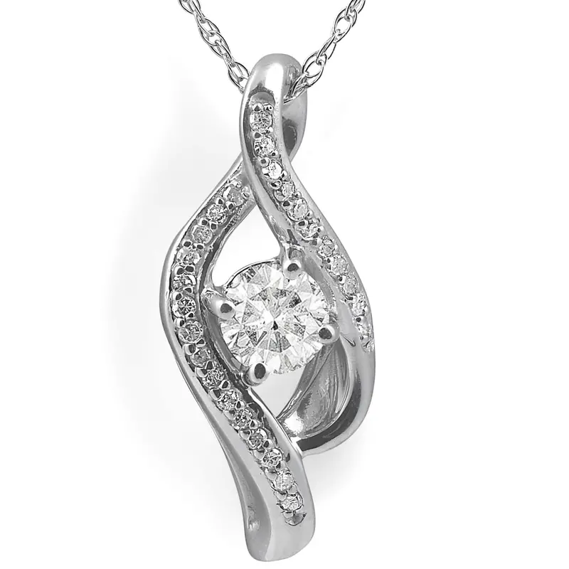 1/3Ct Diamond Solitaire Curve Pendant 10K White Gold 3/4" Tall 1