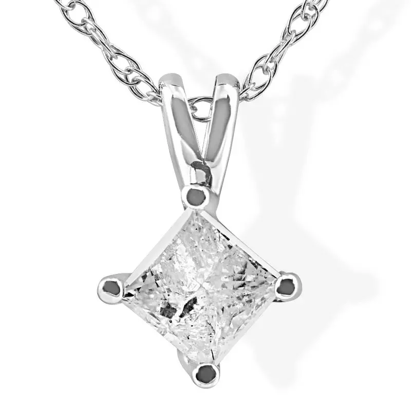 1/3Ct Princess Cut Solitaire Diamond 14K White Gold Pendant & Chain 1