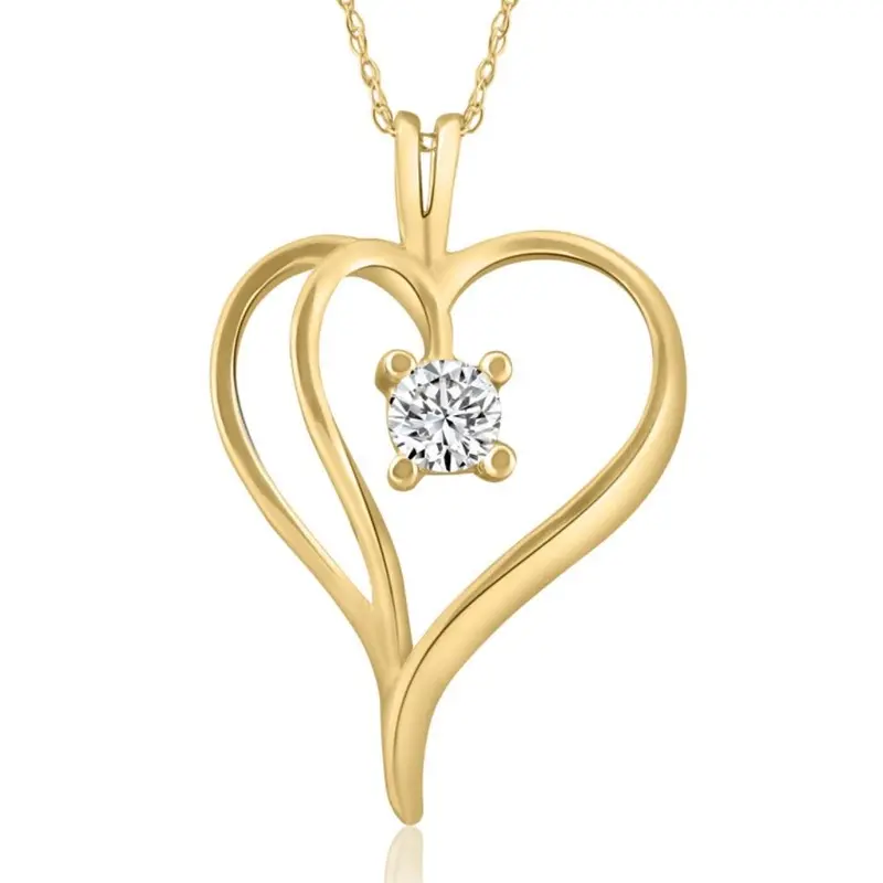 1/3Ct Solitaire Round Diamond Heart Pendant & Chain 10K Yellow Gold 1" Tall 1