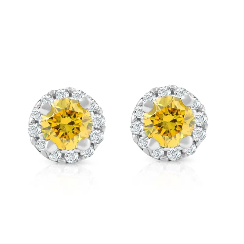 1/4 Ct Halo Fancy Yellow Lab Grown Diamond Studs 10K White Gold 1