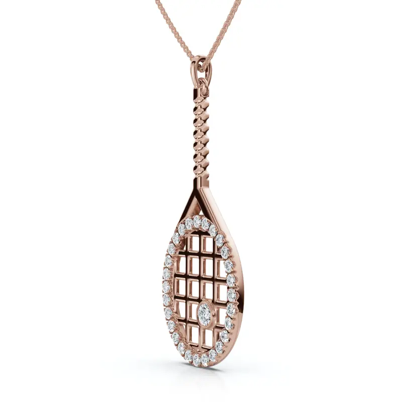 1/4Ct Diamond Pavé Tennis Racket Pendant Necklace 14K Gold Lab Grown Size: 3/4" Tall 1