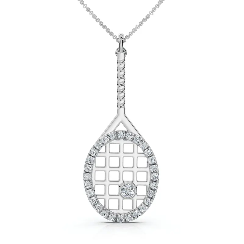 1/4Ct Diamond Pavé Tennis Racket Pendant Necklace 14K Gold Lab Grown Size: 3/4" Tall 1