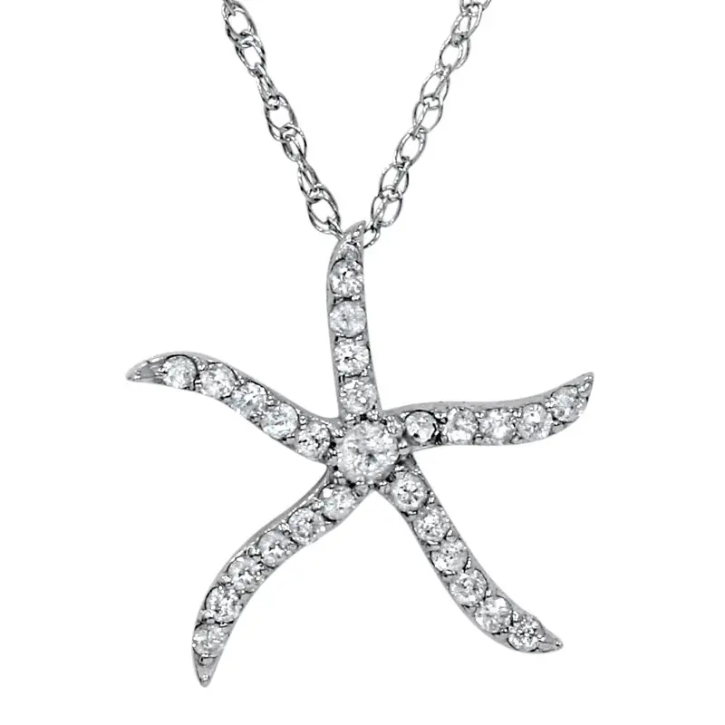 1/4Ct Diamond Starfish Pendant 10K White Gold W/ 18" Chain 1