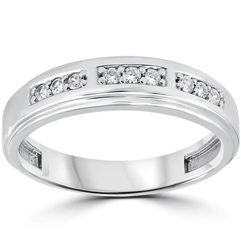 1/4Ct Mens Round Diamond Polished Wedding Ring 10K White Gold 1