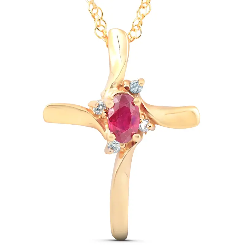 1/4Ct Ruby & Diamond Cross Pendant & Chain 14K Yellow Gold 3/4" Tall 1
