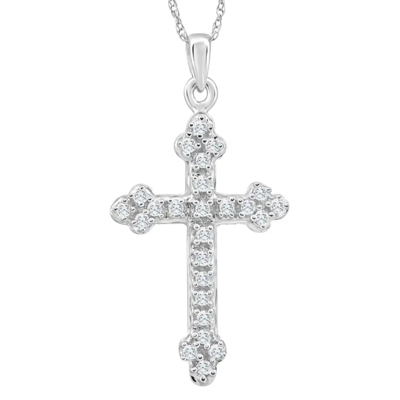 1/4Ct T.W. Diamond Cross 10K White Gold Vintage Pendant 18" Chain Necklace 1