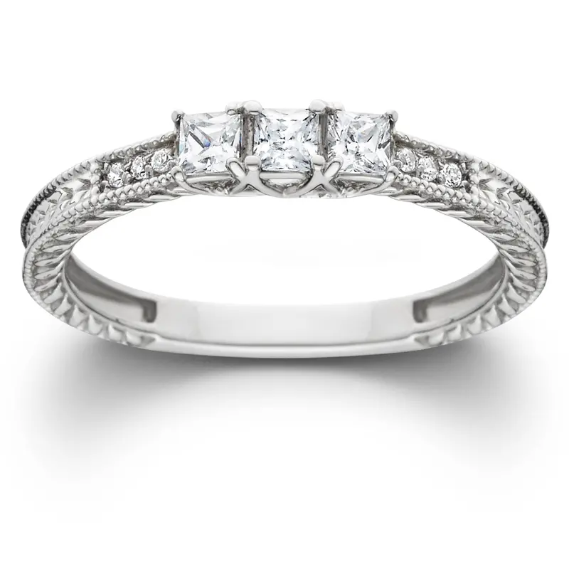 1/4Ct Vintage Three Stone Princess Cut Diamond Engagement Ring 14K White Gold Size Selectable 1