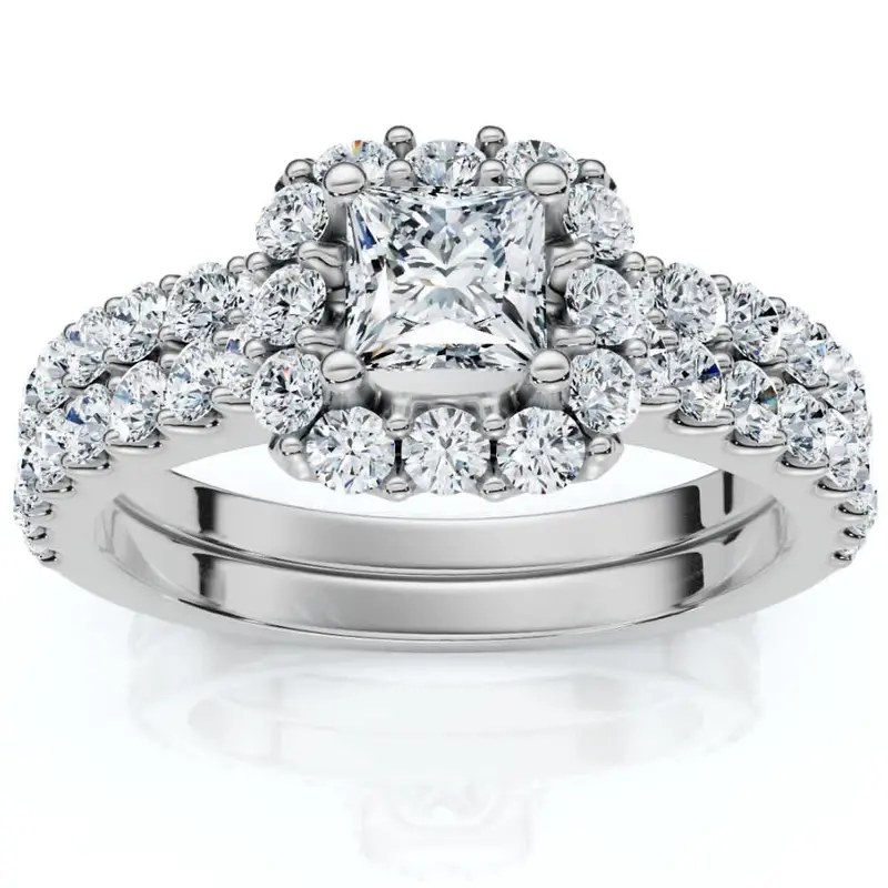 1.50Ct Princess Cut Halo Diamond Engagement Wedding Ring Set 14K Gold Lab Grown 1