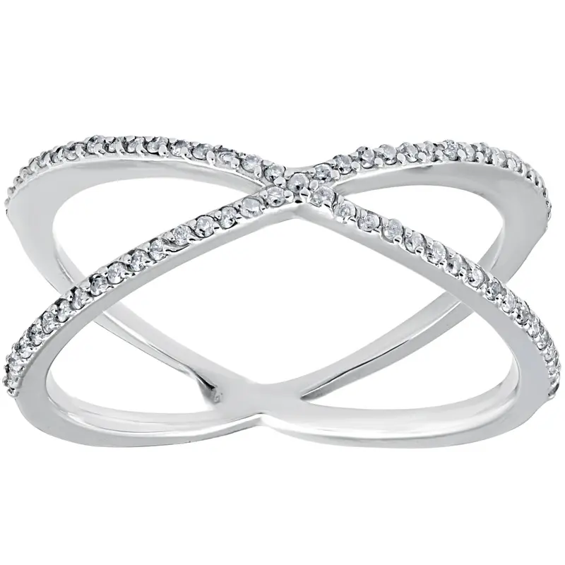 1/5Ct 10K White Gold Round Diamond Crossover Cocktail Fashion Statement X Ring 1