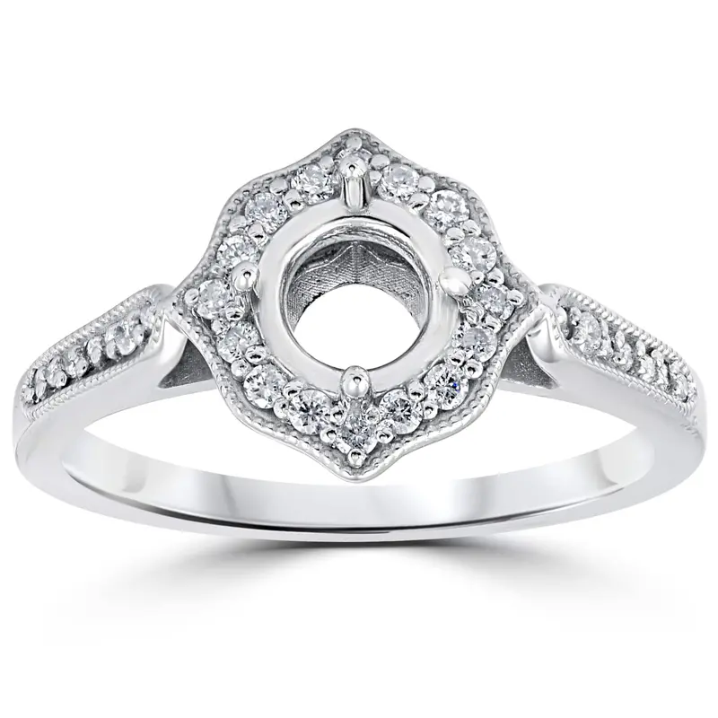 1/5Ct Vintage Halo Diamond Engagement Ring Setting 14K White Gold With Milgrain 1