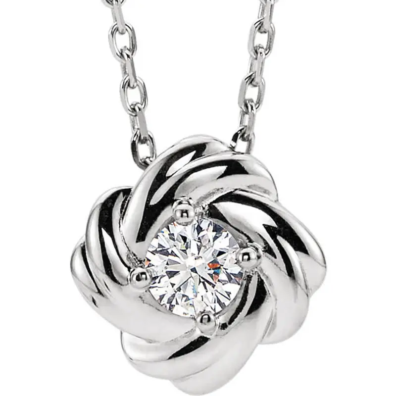 1/6 Ct Diamond Solitaire Knot Pendant 14K White Gold Necklace 7.8Mm 1