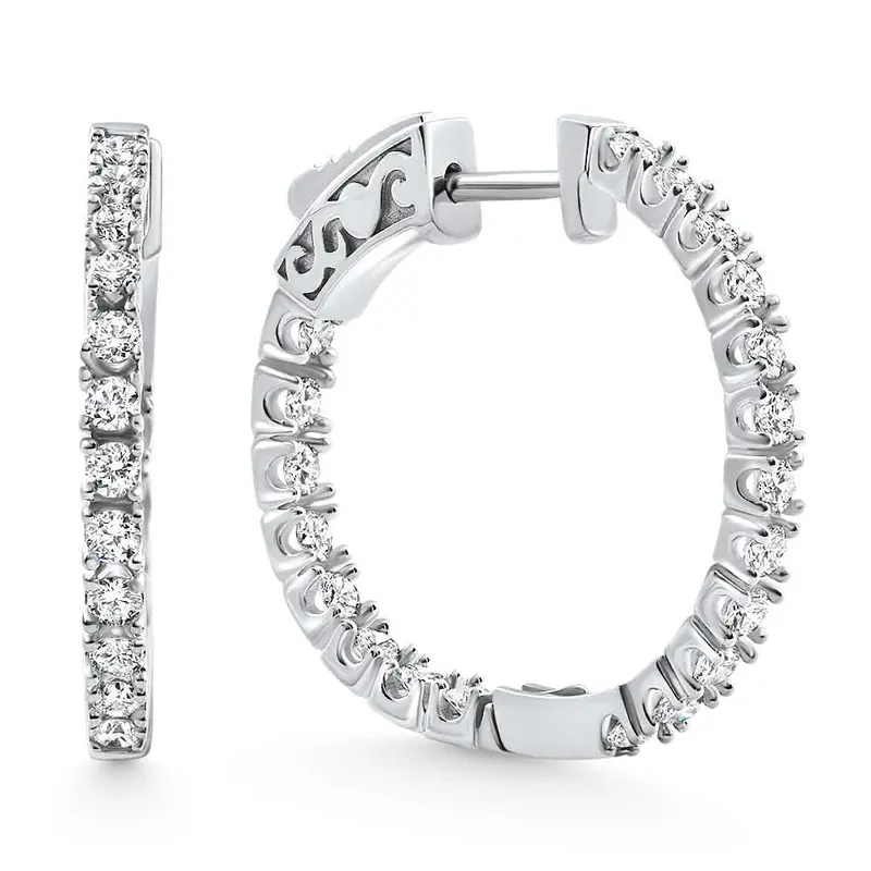 1.75 Ct Lab Grown Diamond Hoops Inside Outside 1 1/3" 14K White Gold Vault Lock 1