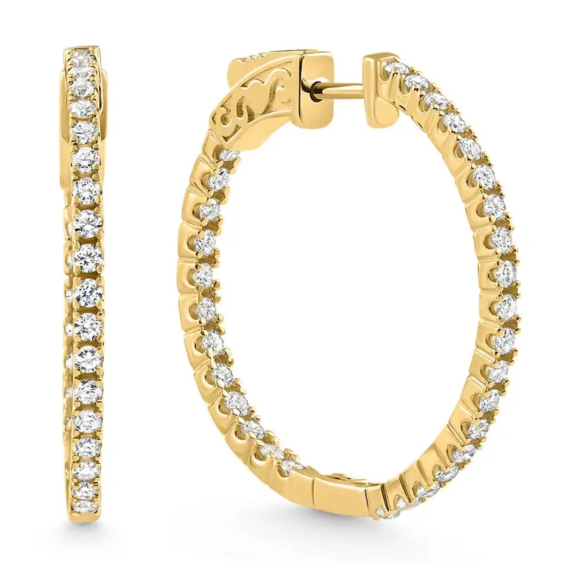 1.75 Ct Lab Grown Diamond Hoops Inside Outside 1 1/3" 14K Yellow Gold Vault Lock 1