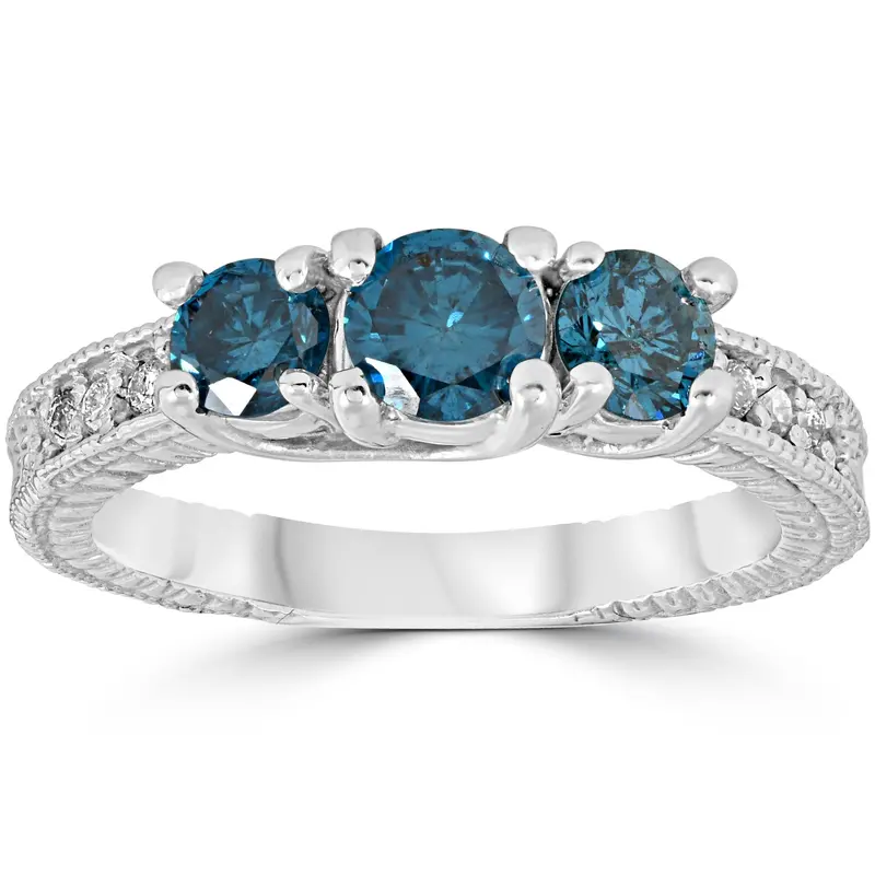 1 Carat Treated Blue Diamond Vintage 3 Stone Ring 10K White Gold Size Selectable 1