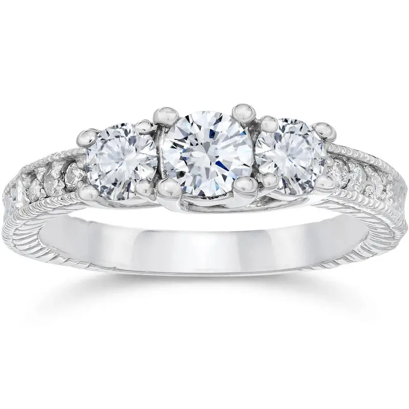 1 Carat Vintage 3-Stone Diamond Engagement Anniversary Ring 10K White Gold Size Selectable 1