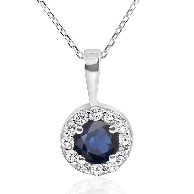 1 Ct Blue Sapphire & Diamond Halo Pendant 14K White Gold & 18" Chain 1
