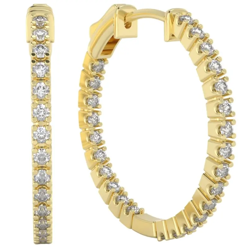 1 Ct Diamond Inside Outside Hoops Lab Grown Earrings Yellow Gold 1"Tall 1