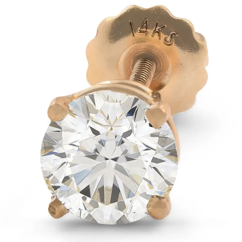 1 Ct Single Natural Round Brilliant Cut Diamond Stud Screw Back 14K Yellow Gold 1
