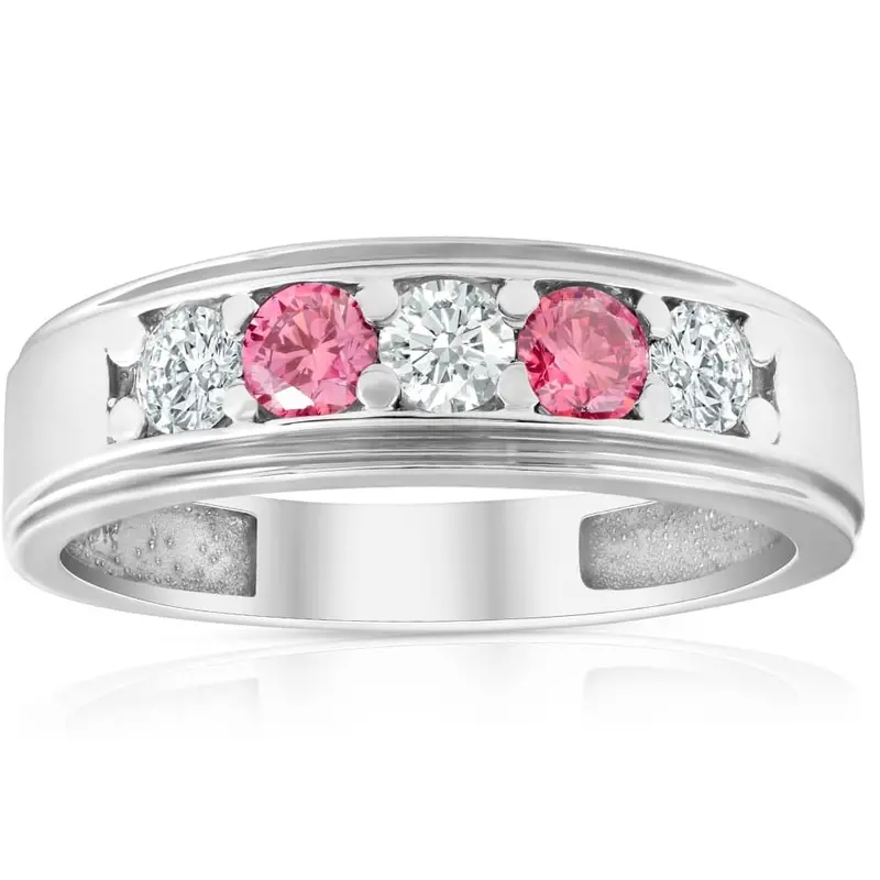 1 Ct T.W. Pink & White Lab Grown Diamond Mens Wedding Ring 5-Stone White Gold 1