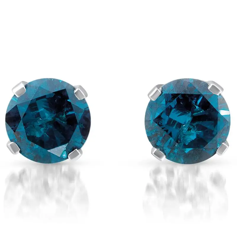 1 Ct Treated Blue Round Cut Diamond Studs 14K White Gold 1