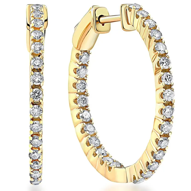 1 Ct Tw Diamond Hoops Women's Inside Outside Earrings 1" Tall 14K Gold 1
