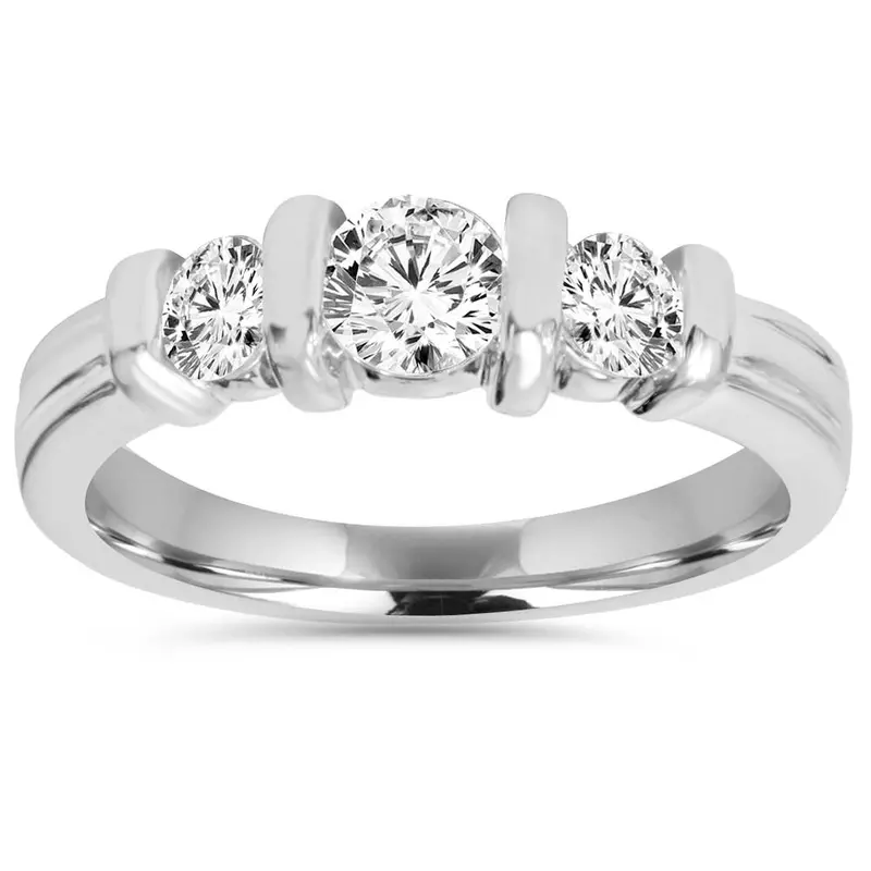 1 Cttw 3-Stone Natural Diamond Engagement Ring Bar Set 10K White Gold Band Size Selectable 1