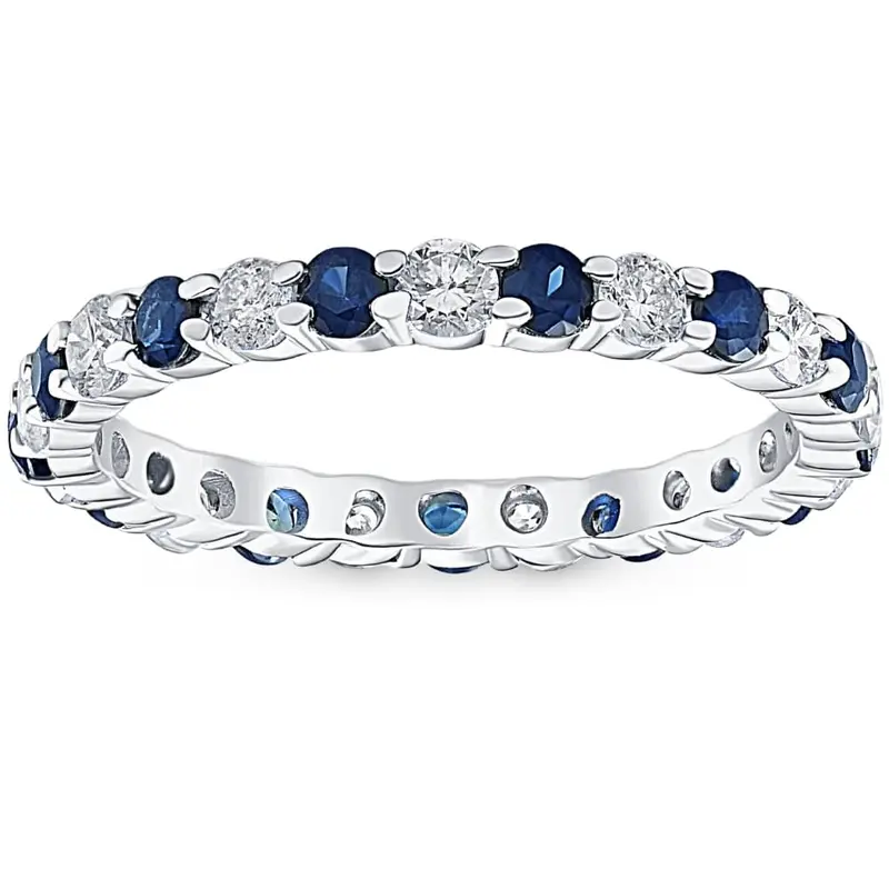 1 Cttw Blue Sapphire Diamond Wedding Eternity Ring 14K White Gold 1