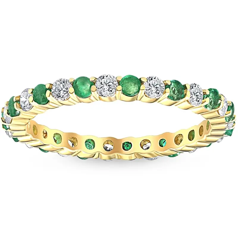 1 Cttw Emerald & Diamond Wedding Eternity Stackable Ring 10K Yellow Gold 1