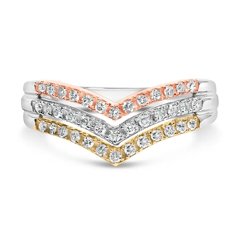 10K Gold Plated Sterling Silver 1/3 Cttw Tri-Color Chevron Diamond Stackable Ring 1
